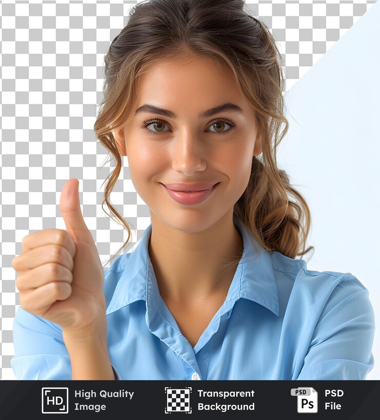 PSD psd transparente de alta calidad de mujer levantando los pulgares en una camisa azul posando con un positivo y c