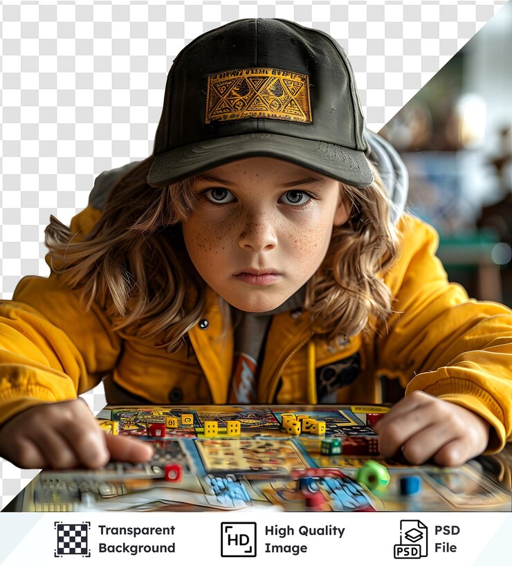 PSD psd transparente de alta calidad de un niño jugando a un juego de mesa con una chaqueta amarilla intensamente fo