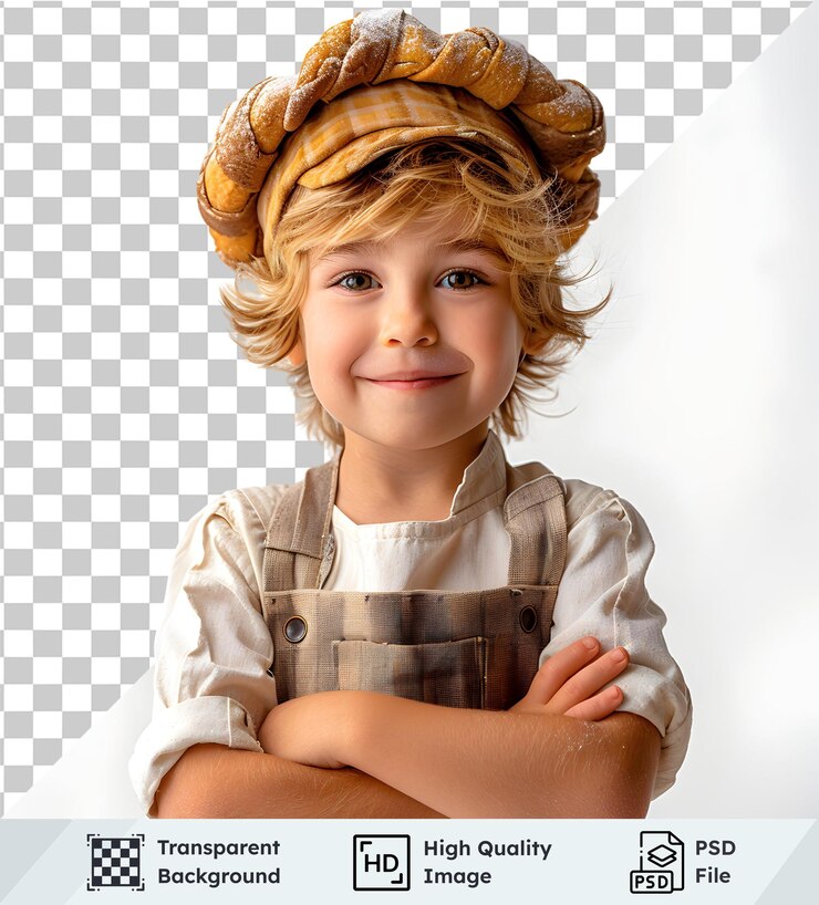 PSD psd transparente de alta calidad de un niño lindo con un sombrero de pan sonriendo alegremente con las armas cruzadas