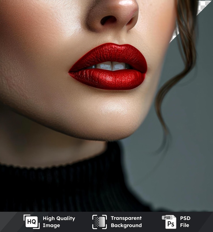 PSD psd transparente de alta calidad primer plano de mujer de 39 labios rojos y cabello marrón en camisa negra
