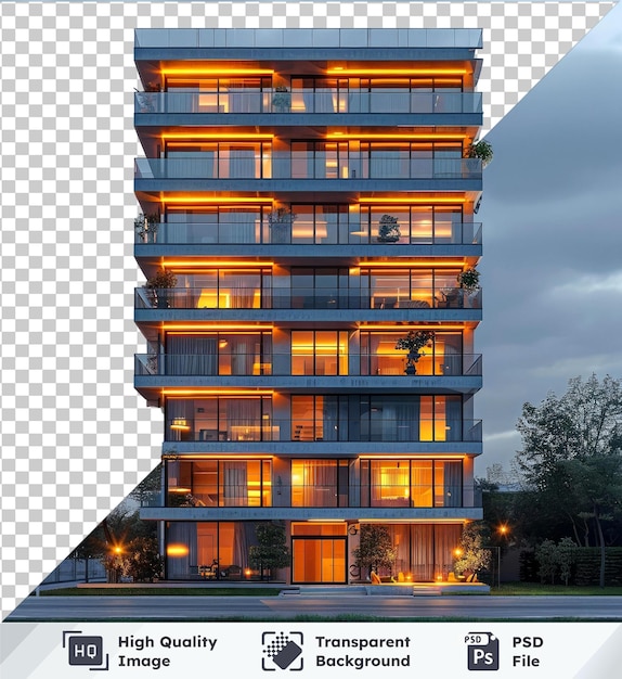 PSD psd transparente de alta qualidade de apartamentos iluminados em meio a vegetação exuberante e nuvens