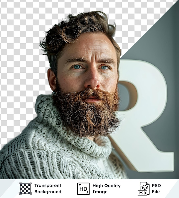 PSD psd transparente de alta qualidade de homem com cabelo encaracolado e barba longa vestindo um suéter de tricô posando aga