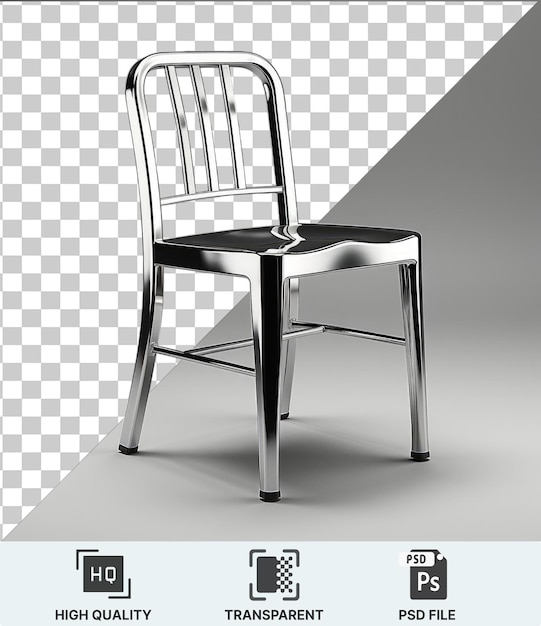 PSD psd transparente de alta qualidade uma cadeira de metal com pernas de prata e metal contra uma parede cinza e branca