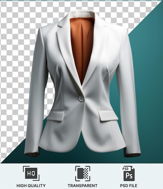 PSD psd transparente de alta qualidade uma jaqueta de terno branco com um botão prateado exibido contra uma parede azul com um braço longo visível em primeiro plano