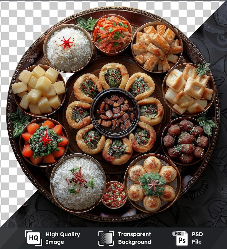 PSD psd con transparente eid al fitr fiesta del mes sagrado de ramadán con una variedad de alimentos que incluyen arroz blanco un tazón redondo y un tazó marrón