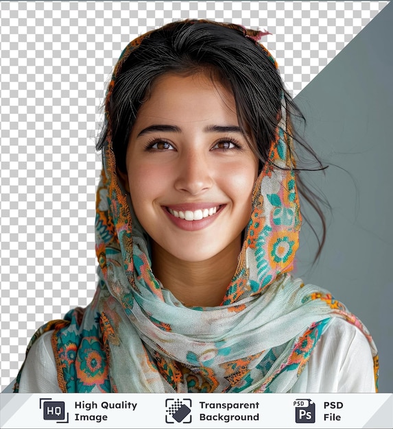 PSD psd transparente de haute qualité étudiante universitaire indienne souriante pour la caméra portant un foulard bleu avec des cheveux noirs et des yeux bruns et un petit nez