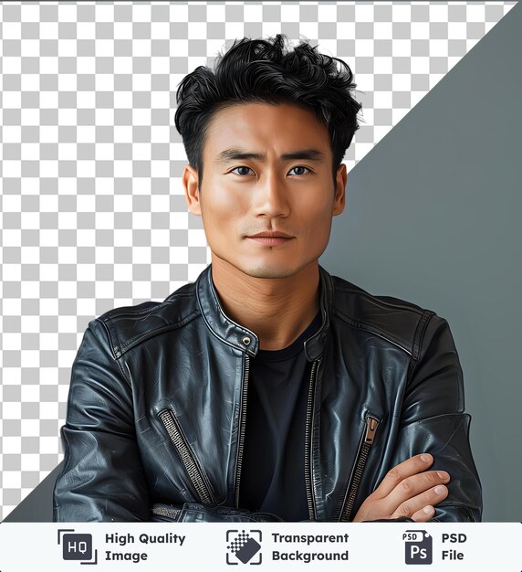 PSD psd transparente de haute qualité homme asiatique sérieux en veste en cuir posant et regardant la caméra avec des cheveux noirs grand nez et yeux bruns et bleus il porte une chemise noire et