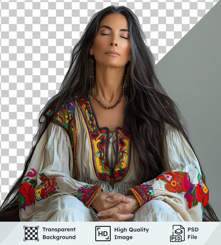PSD psd transparente de mujer con cabello largo ojos cerrados en ropa boho roja y gris wi