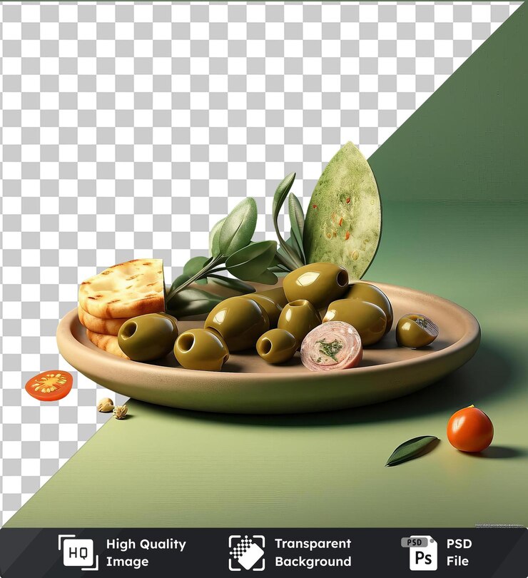 PSD psd con transparente plato salado de tapas y aceitunas en una mesa verde acompañado de una pequeña naranja y una hoja verde contra una pared verde
