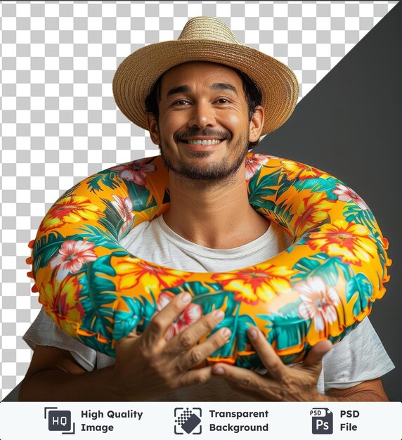 PSD psd con transparente todo el cuerpo joven sonriente alegre divertido fresco turista hombre usar camisa de playa sombrero sostener anillo inflable mirada cámara estudio retrato vacaciones de verano descanso en el mar