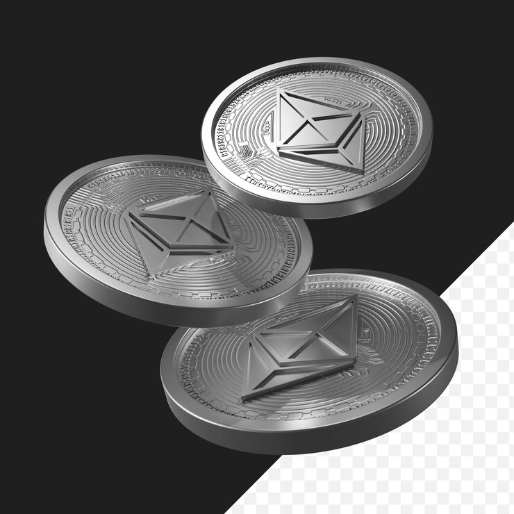 PSD Tre monete Ethereum sullo sfondo trasparente dell'aria