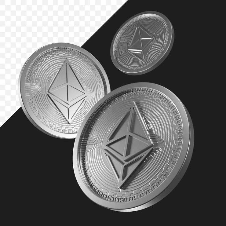 PSD Tre monete Ethereum sullo sfondo trasparente dell'aria