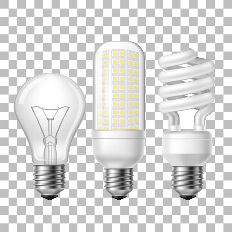 PSD tres bombillas con una que tiene la palabra luz en él con fondo transparente