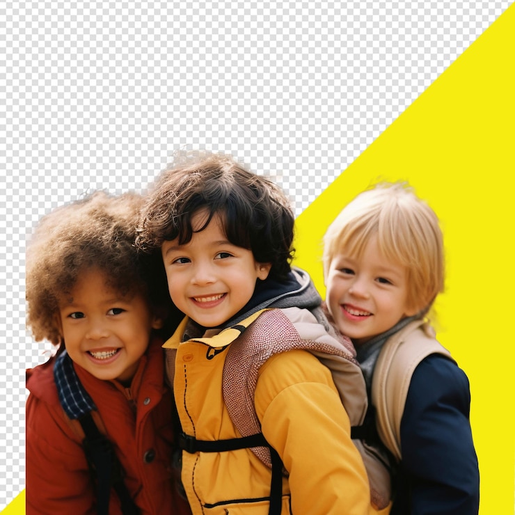 PSD psd tres niños posando para una foto con un fondo amarillo y blanco con un fondo transparente