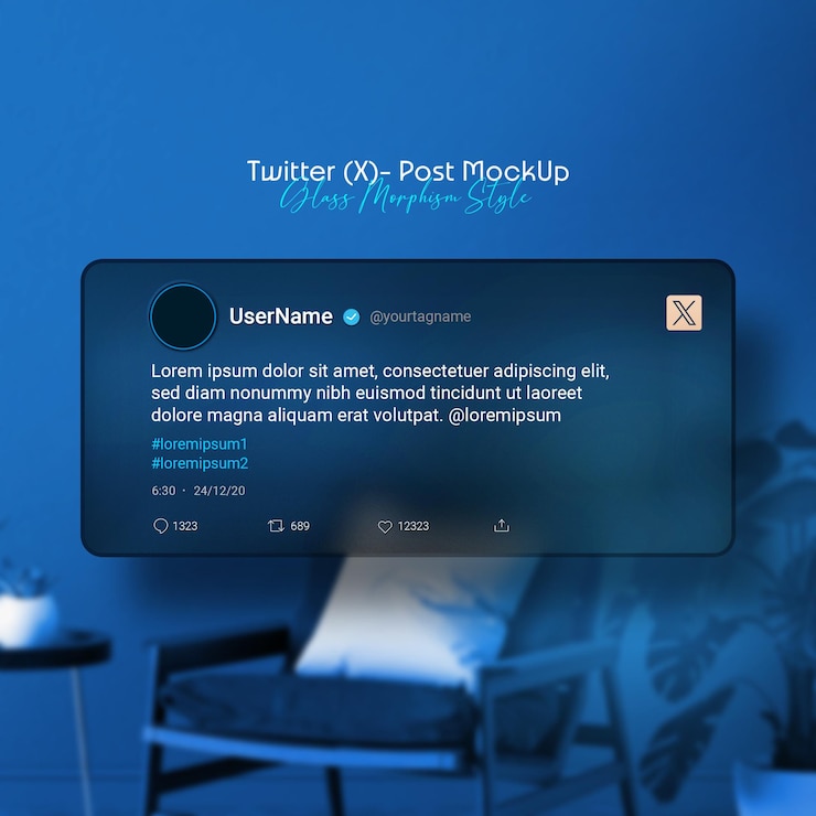 PSD psd twitter tweet e feed post mockup morfismo de vidro isolado modo escuro