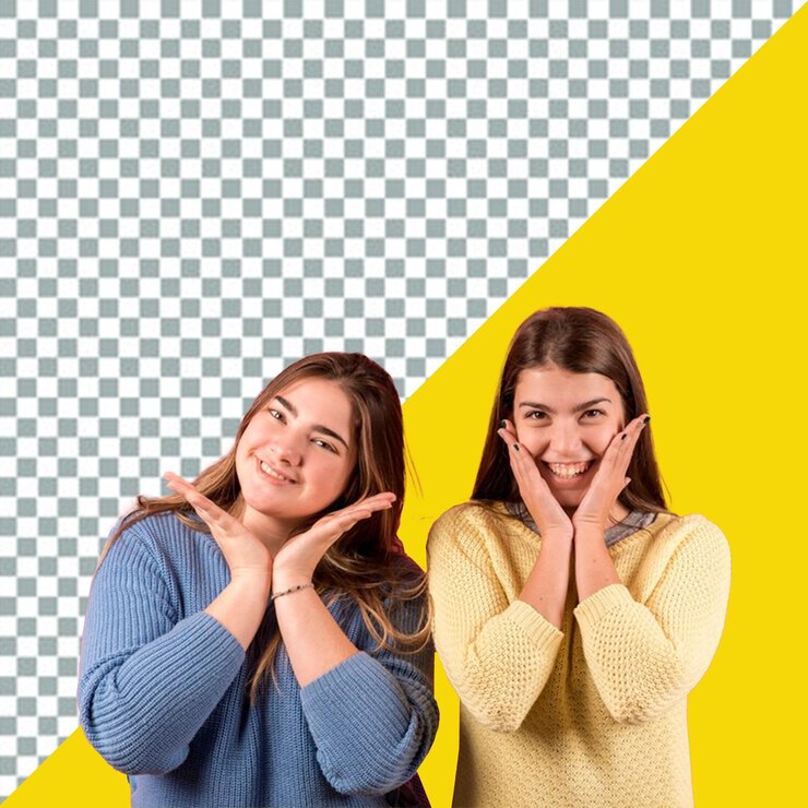 PSD psd two girls with their faces in front of a yellow transparent background