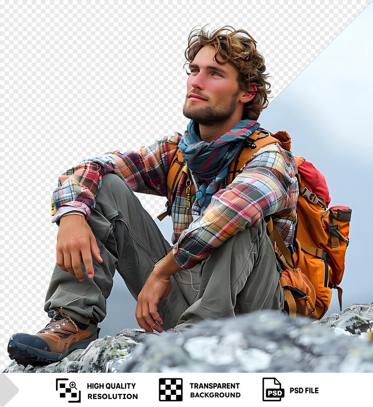 PSD psd um caminhante masculino sentado na colina e relaxando png