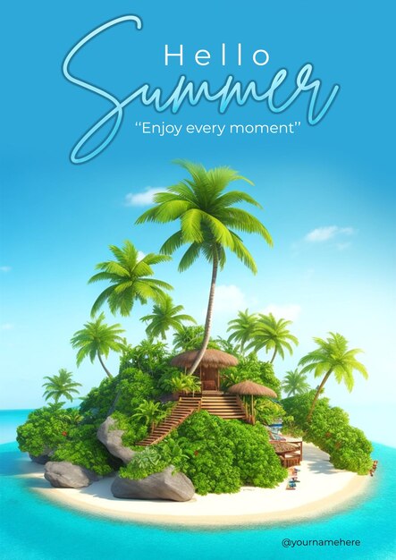 Psd um cartaz para olá verão com palmeiras e uma cena de praia