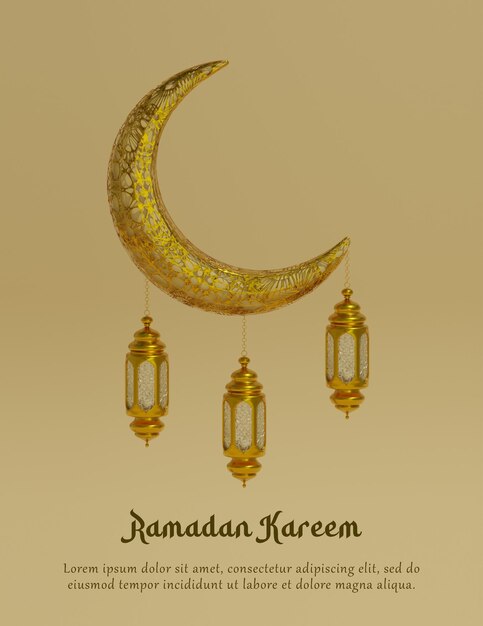 PSD um cartaz para Ramadan Kareem com uma lua crescente de ouro.