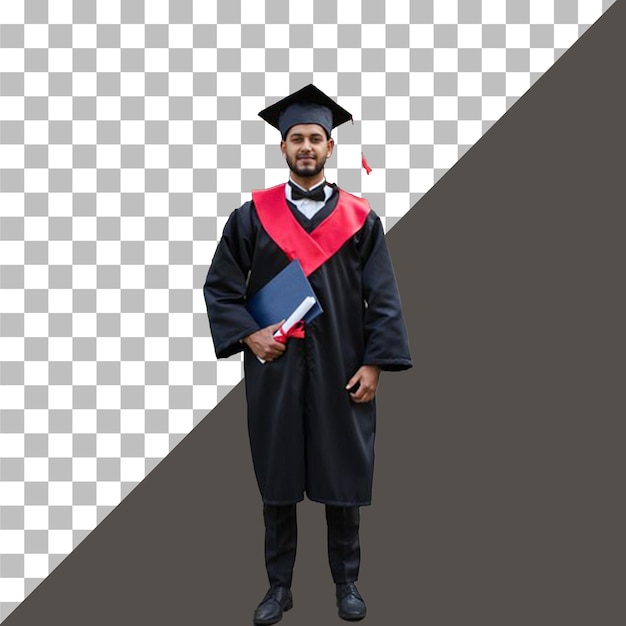 PSD um homem vestindo um chapéu de formatura e vestido está na frente de um com fundo transparente