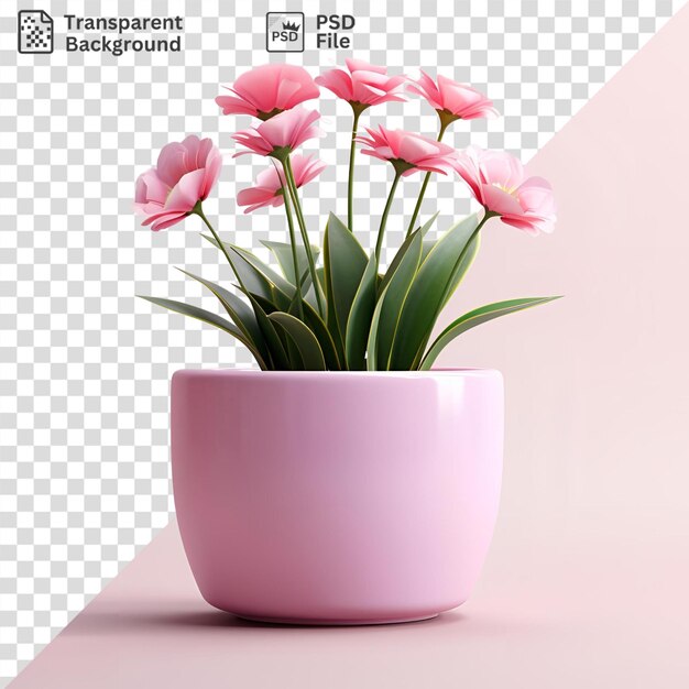 PSD psd um vaso cheio de flores cor de rosa e folhas verdes em uma mesa rosa contra uma parede rosa projetando uma sombra escura