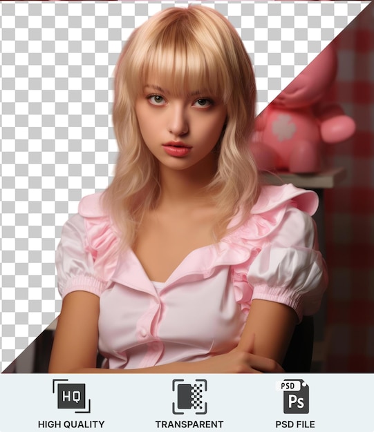 PSD psd uma garota com cabelos loiros longos vestindo uma camisa rosa e orelhas de coelho está em frente a uma prateleira branca segurando um coelho rosa com a mão