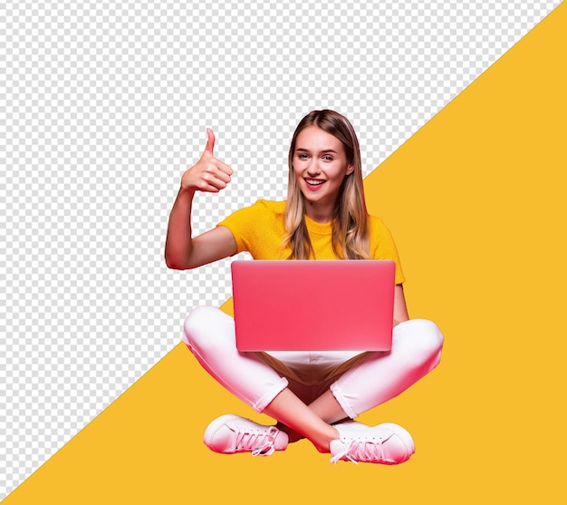 PSD uma garota com um laptop que diz polegar para cima com fundo transparente