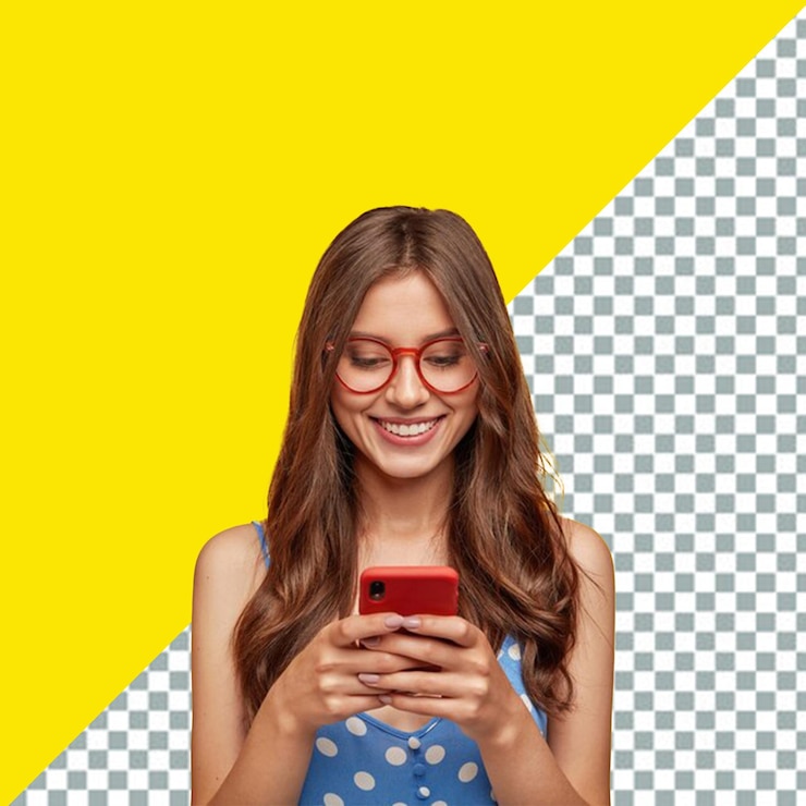 PSD psd uma garota usando óculos está olhando para um telefone com um fundo transparente amarelo