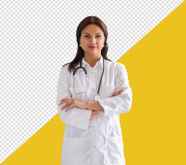 PSD uma mulher com uma bata de laboratório branca está em frente a um fundo amarelo com fundo transparente