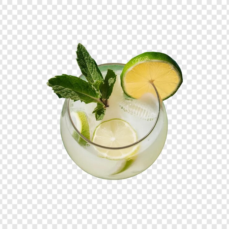 PSD un bicchiere di limonata con una fetta di lime e foglie di menta isolate su uno sfondo trasparente