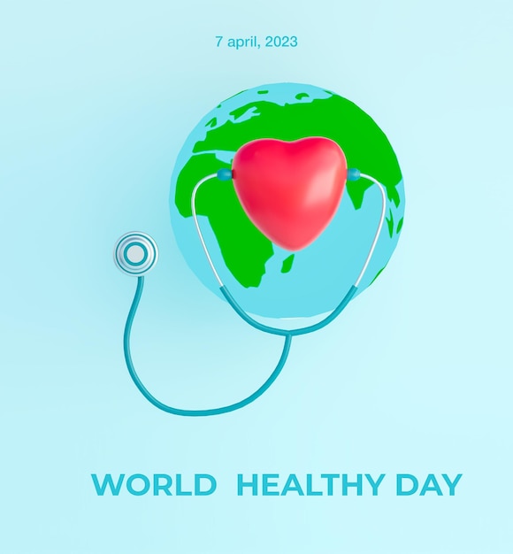PSD Un poster per la giornata mondiale della salute con un cuore rosso e un'illustrazione di rendering 3d dello stetoscopio