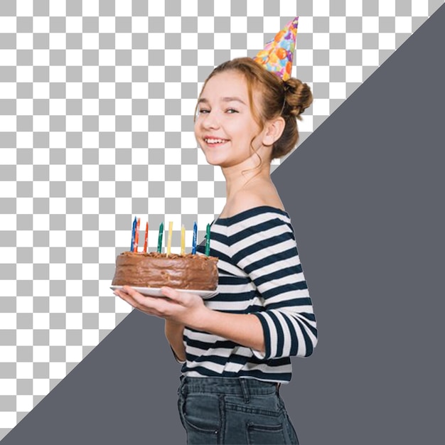 PSD una ragazza con una torta di compleanno e una torta da compleanno con candele su di essa con sfondo trasparente