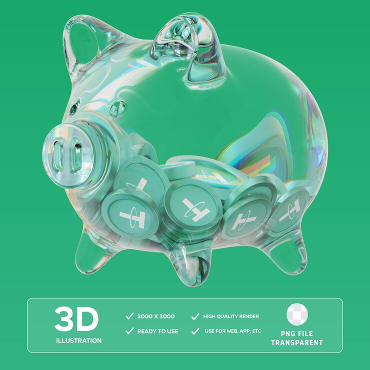 PSD usdt cerdo de vidrio transparente con pilas decrecientes de monedas criptográficas Ilustración 3D