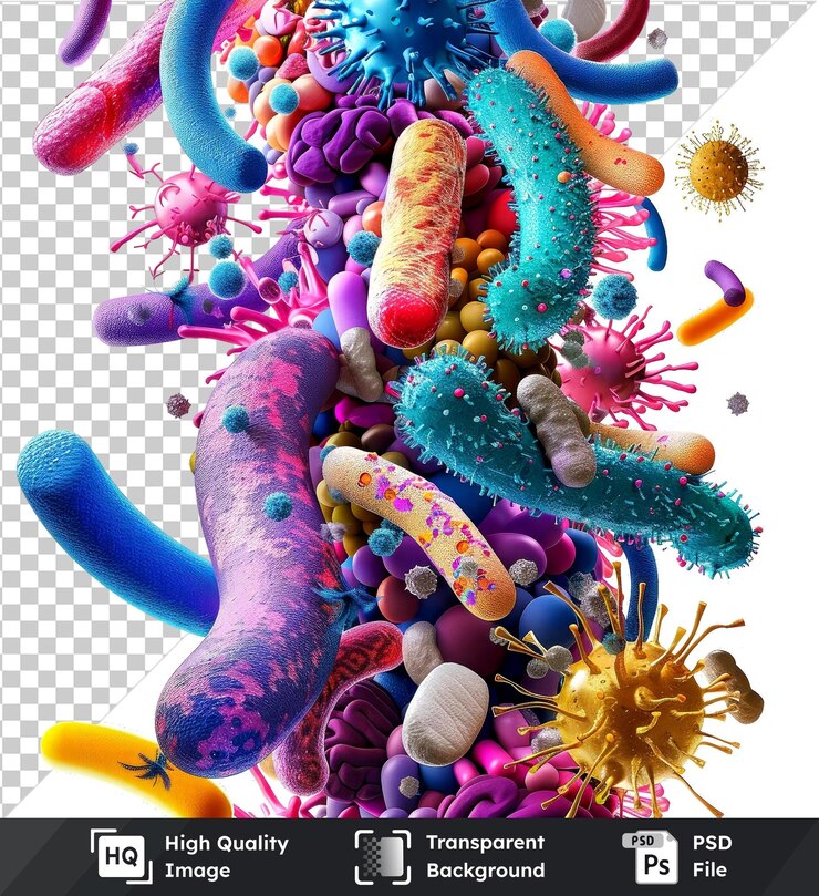 PSD psd con variedad de bacterias y microbios renderizados en 3d transparentes aislados en un fondo transparente