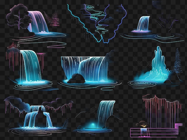 Psd de varios íconos de cascadas con aura brillante y contorno punteado y2k camiseta transparente web