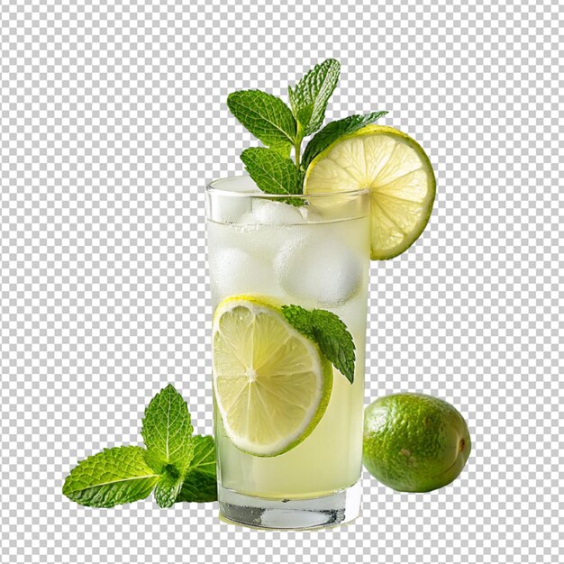 Psd de un vaso de bebida de limonada con una rebanada de limón sobre un fondo transparente