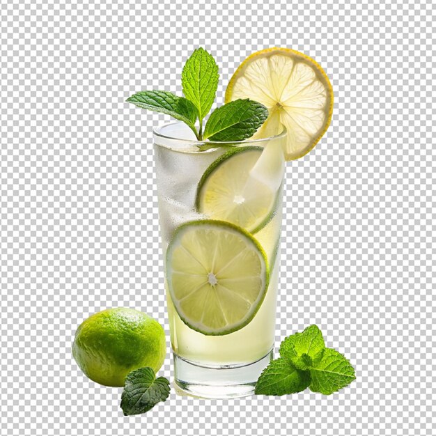 PSD psd de un vaso de bebida de limonada con una rebanada de limón sobre un fondo transparente