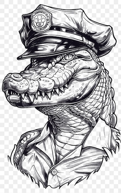 PSD psd vecteur de crocodile avec un chapeau de police et une expression sérieuse poster digital collage art ink