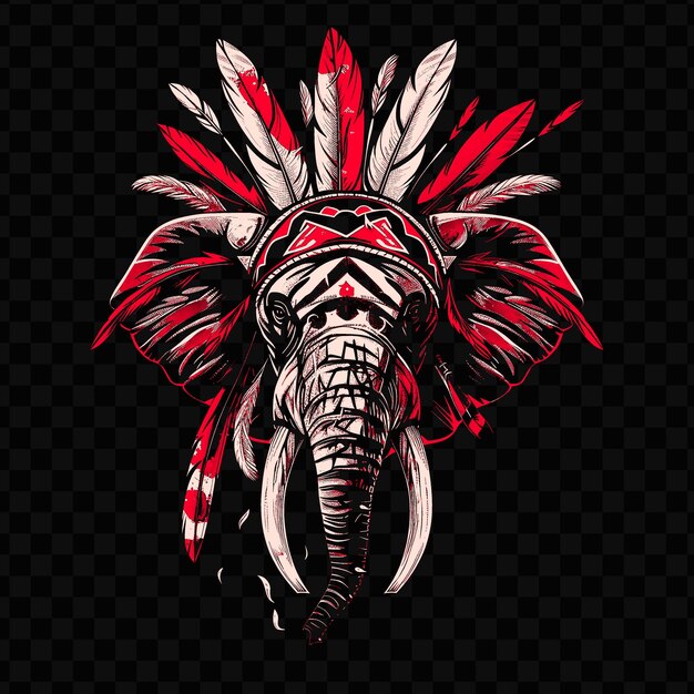 PSD psd vector agité visage d'éléphant avec une peinture de guerre et une tête plumée t-shirt design tatouage encre