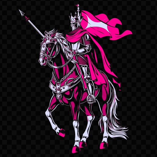 Psd vector caballo noble con una armadura de príncipes medieval y una bandera diseñada t-shirt diseño tinta de tatuaje