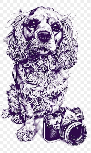 PSD psd vector de cocker spaniel con una cámara y pasaporte de prensa que se ve inquisit digital collage art ink