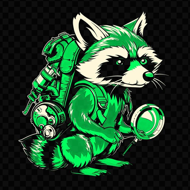 PSD psd vector curious raccoon con una mochila llena de engranajes y una tinta de t-shirt de diseño de ampliación