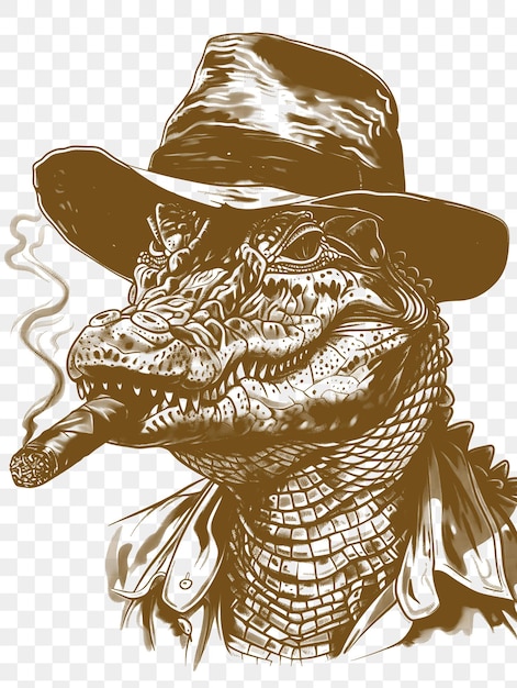 PSD psd vector de crocodilo com um fedora e charuto com expressão suave port digital collage art ink