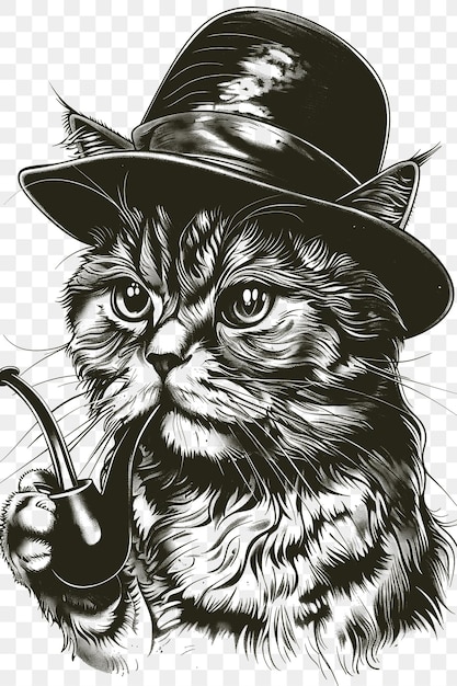 PSD psd vector de gato dobrado escocês com um chapéu de sherlock holmes e pipa parecendo tinta de arte de colagem digital