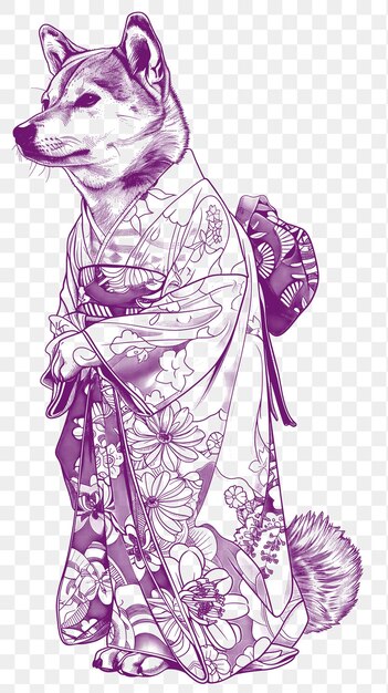 Psd vector de shiba inu em um kimono olhando tradicional e gracioso poste digital collage art ink