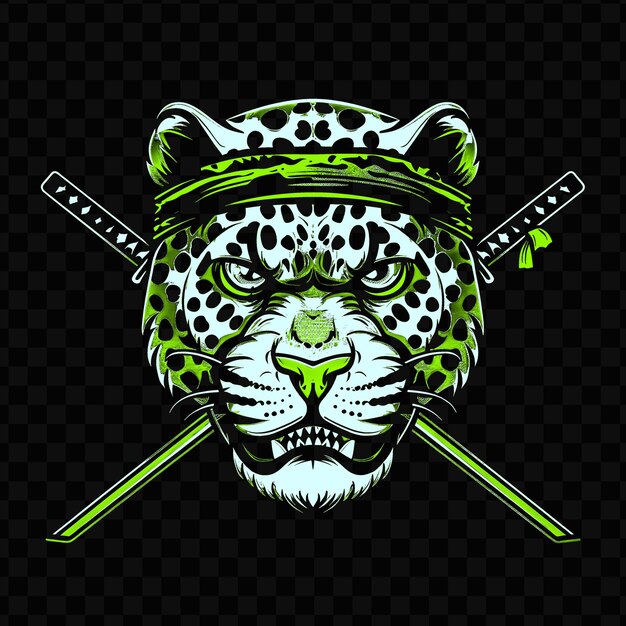 PSD psd vector frustrado leopard face com uma faixa de cabeça ninja e katana des tshirt design tatuagem tinta