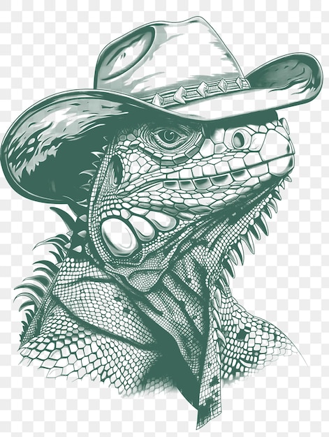 PSD psd vector de iguana con un sombrero de vaquero y una expresión presumida diseño de cartel collaje digital tinta de arte