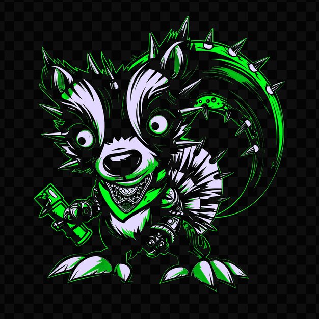 PSD psd vector mechanized skunk com espinhos de metal e olhos verdes brilhantes nós t-shirt design tatuagem tinta