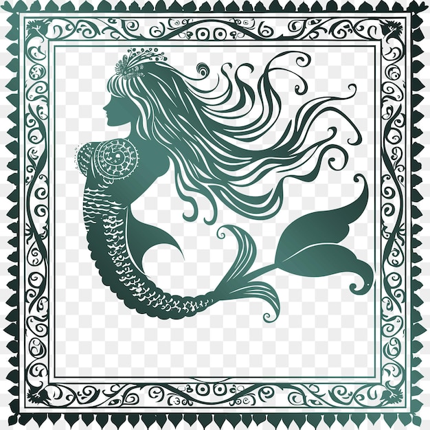 Psd vector mermaid frame art com cauda e cabelo para decorações no f scribble art tattoo cnc