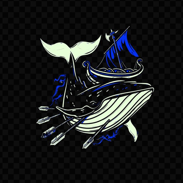 Psd vector mighty whale com um navio viking e remos projetados com uma tinta de tatuagem de design de camiseta bol